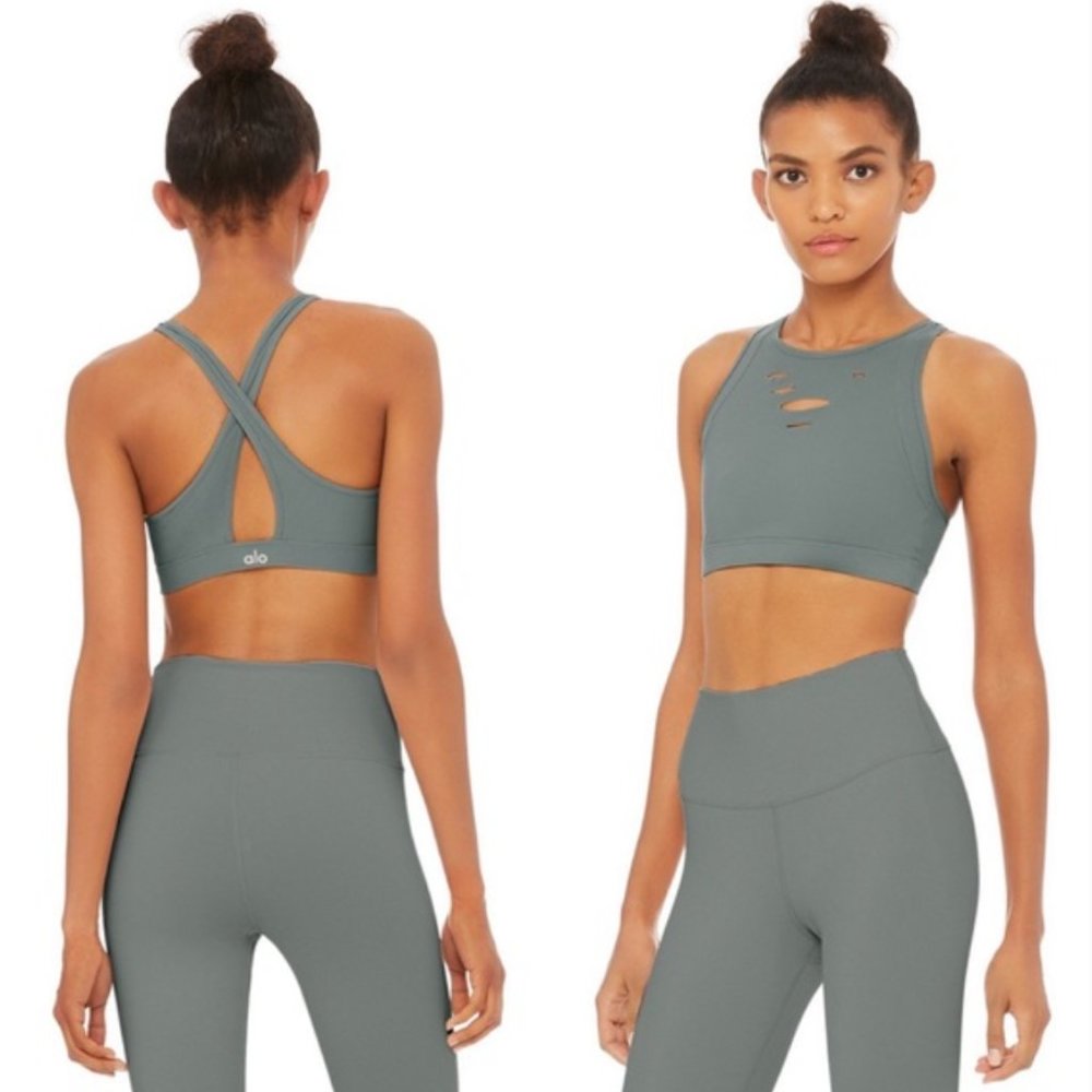 ALO High-Waist Airlift Legging + Ripped Warrior Bra Set — Concrete